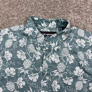 Reyn Spooner Mens XL Short Sleeve Button Down Shirt Teal Pineapple Cotton Linen